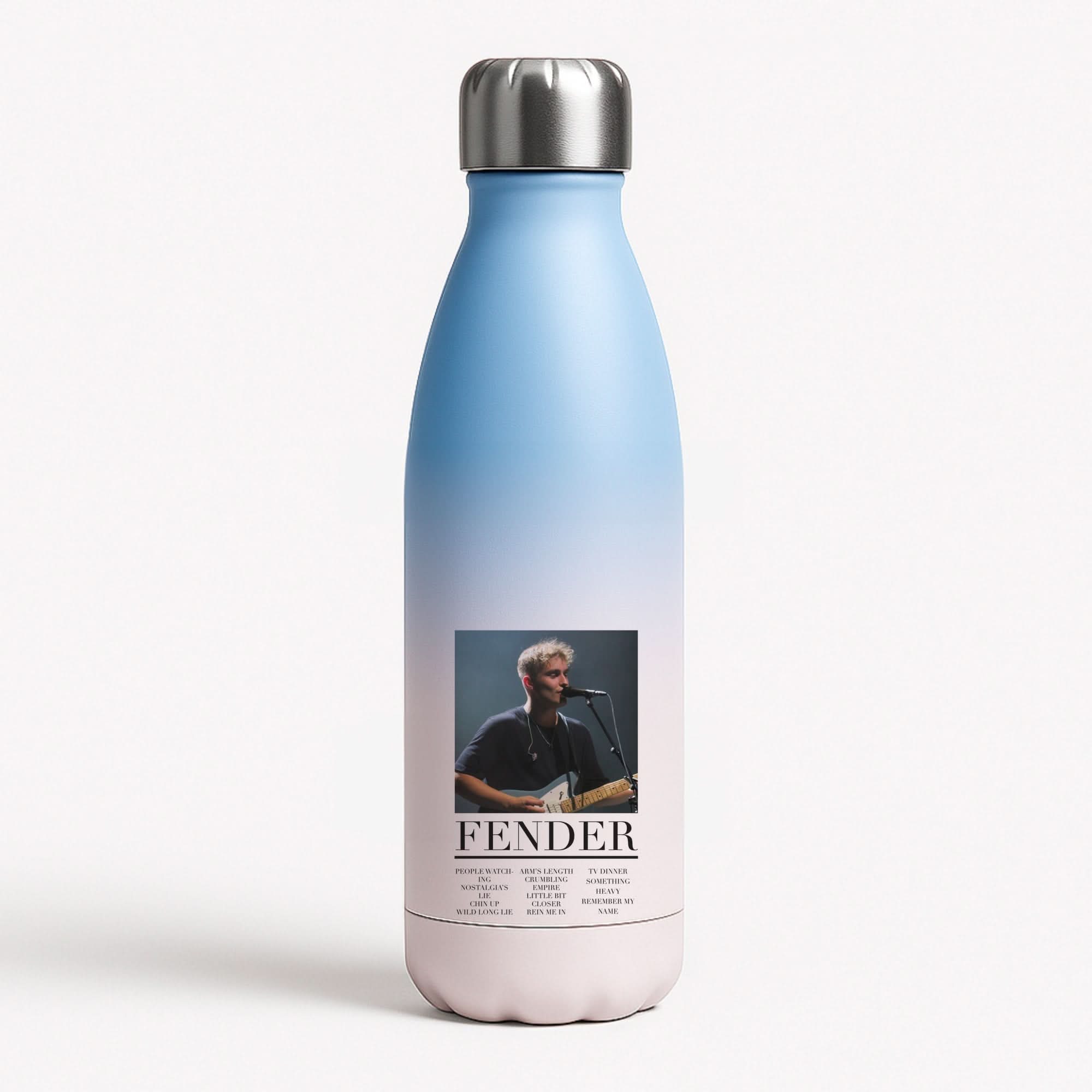 Fender Orange Song List Blue Water Bottle