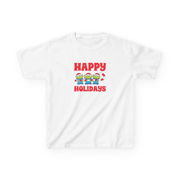 Happy Holidays Cute Green Aliens Kids T-Shirt White Front