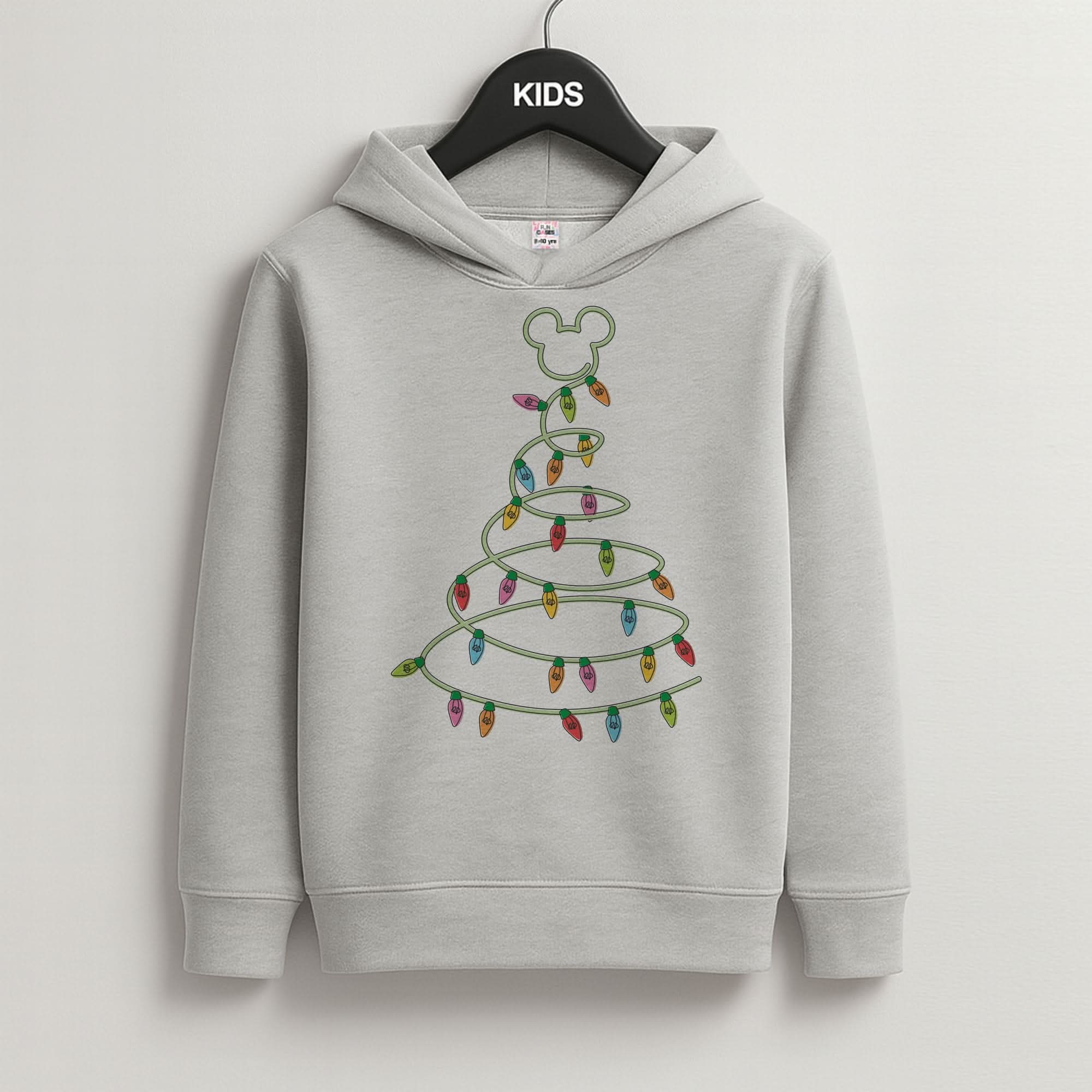 Cartoon Mouse Christmas Tree Lights Grey Kids Hoodie