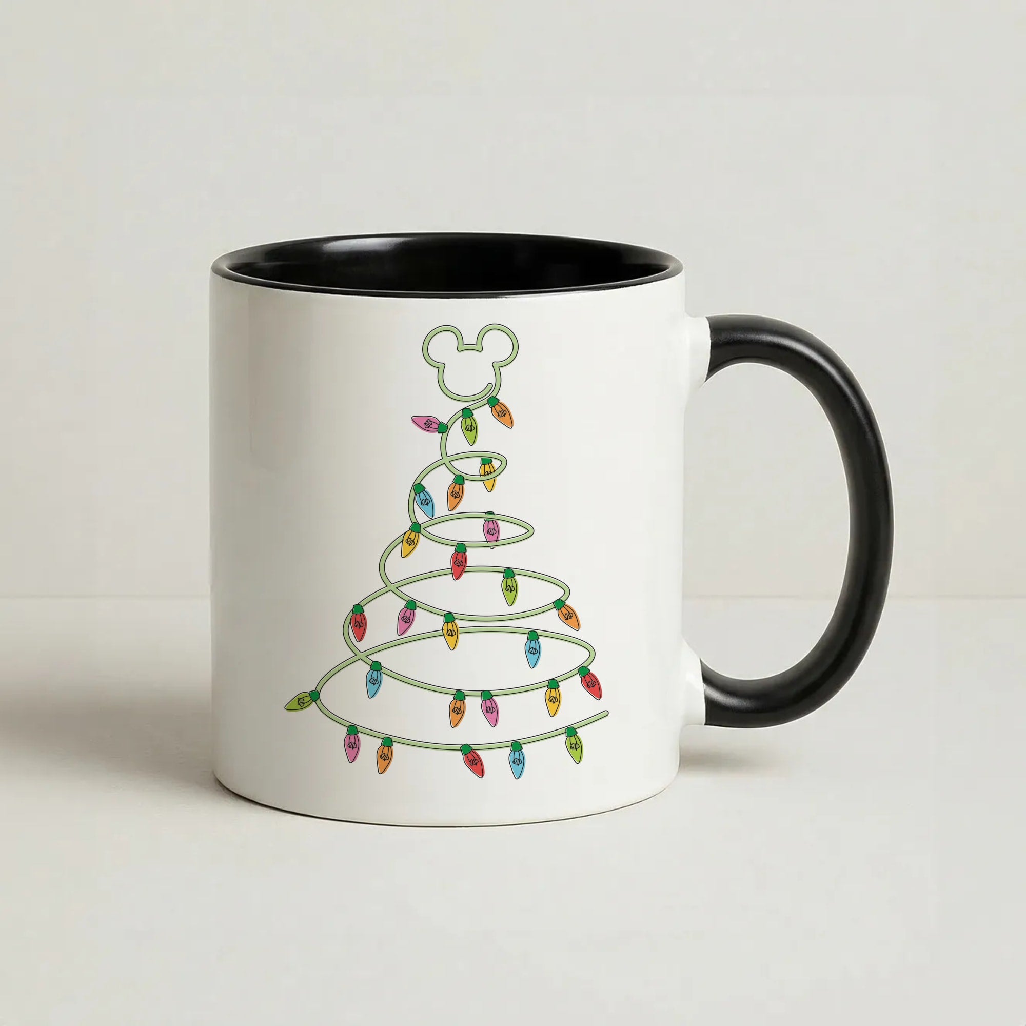 Cartoon Mouse Christmas Tree Lights Coffee Black Mug