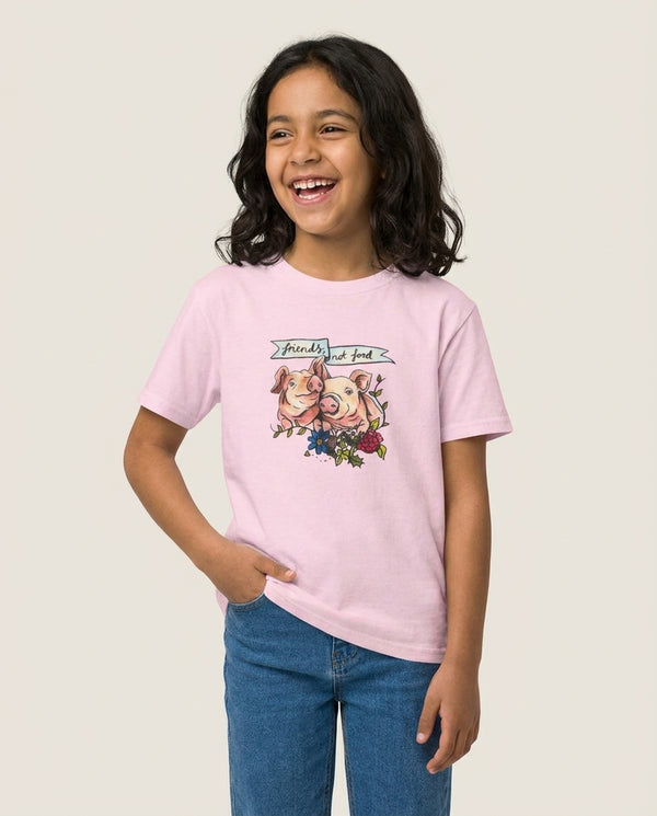 Friends Not Food - Vegan Kids T-Shirt — Pink Front, worn
