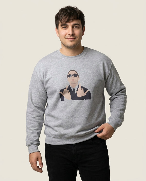 Middle Finger Sweatshirt — Grey Front, worn