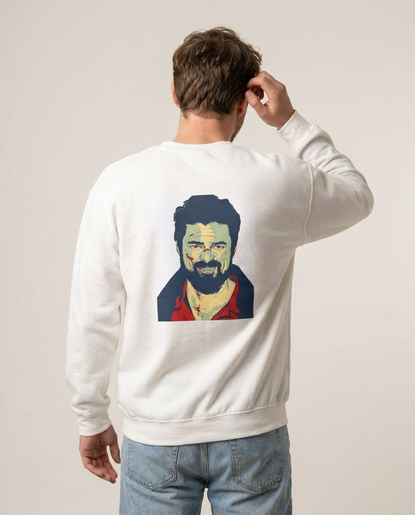 Billy Butcher Face Sweatshirt — White Back, worn