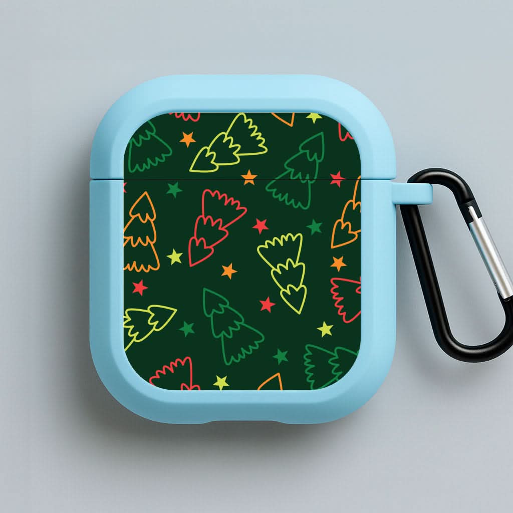 Colourful Christmas Tree Outlines Pattern Blue AirPods Case