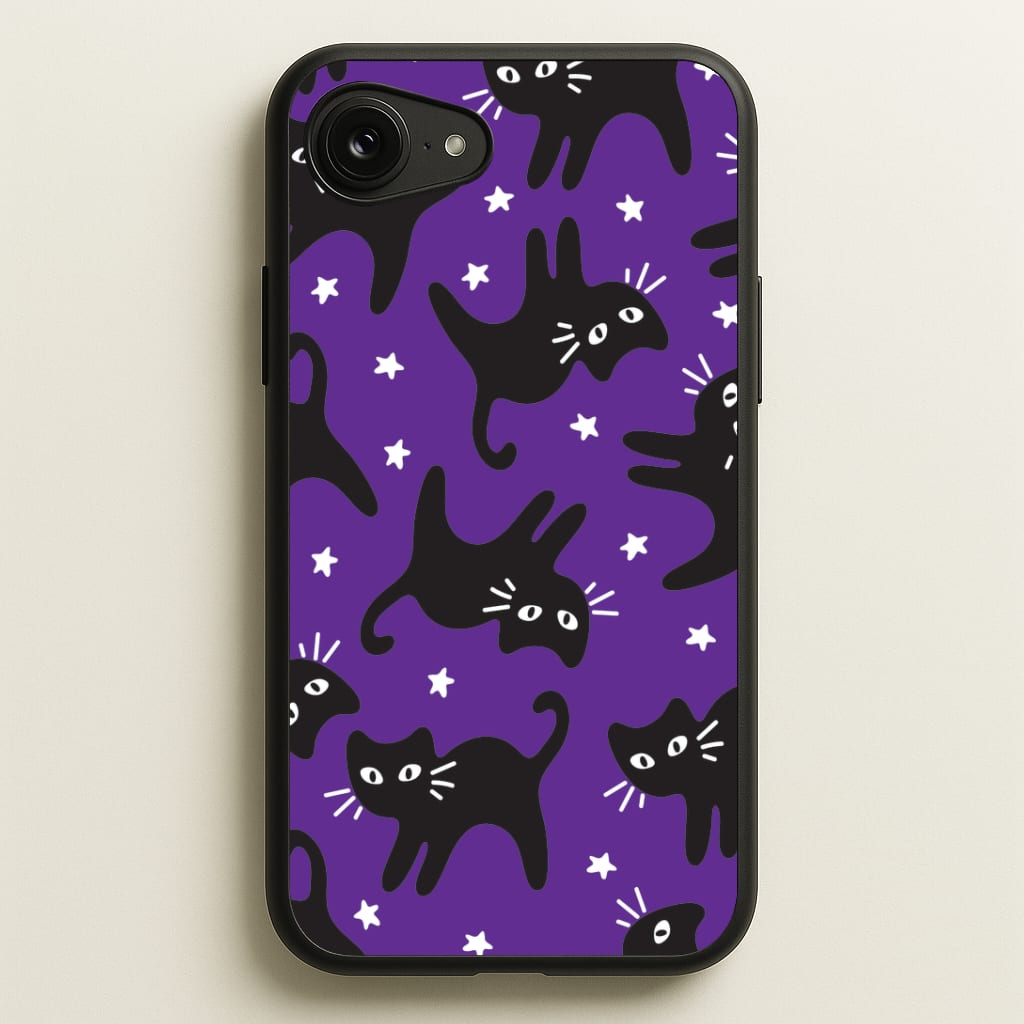 Cartoon Black Cats And Stars Pattern iPhone 16e Case