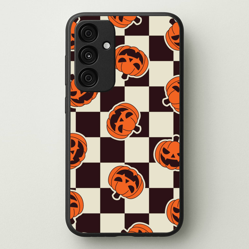 Pumpkin Stickers Checkered Pattern Galaxy A35 Case