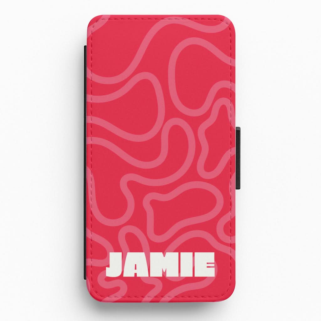 Red And Pink Squiggles Personalised Name Flip / Wallet Phone Case