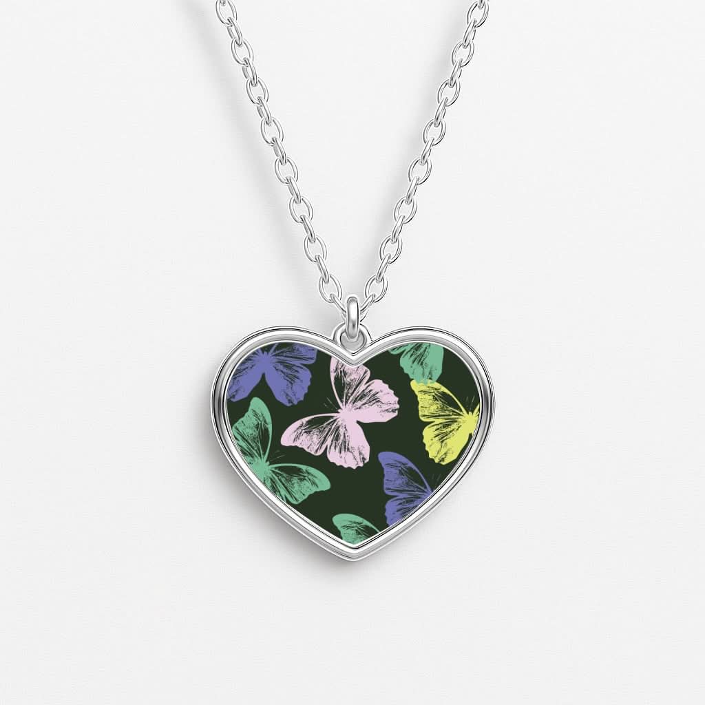 Colourful Butterfly Stamps Pattern Heart Necklace