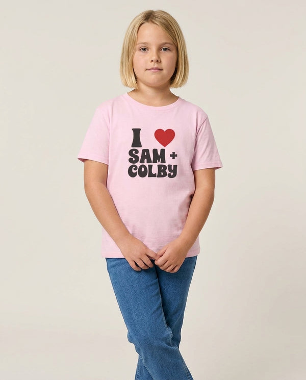 I Love S & C Kids T-Shirt — Pink Front, worn