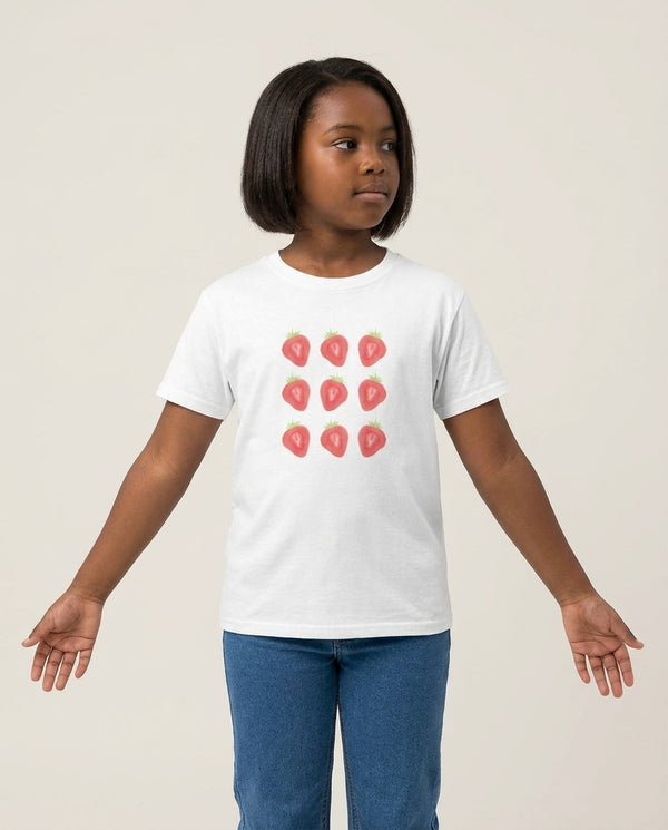 Market Berries Kids T-Shirt — White Front, worn
