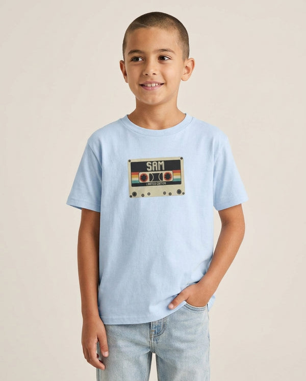 Cassette Tape - Fender Kids T-Shirt — Blue Front, worn