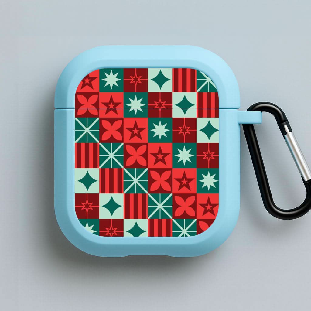 Geometric Square Christmas Pattern Blue AirPods Case
