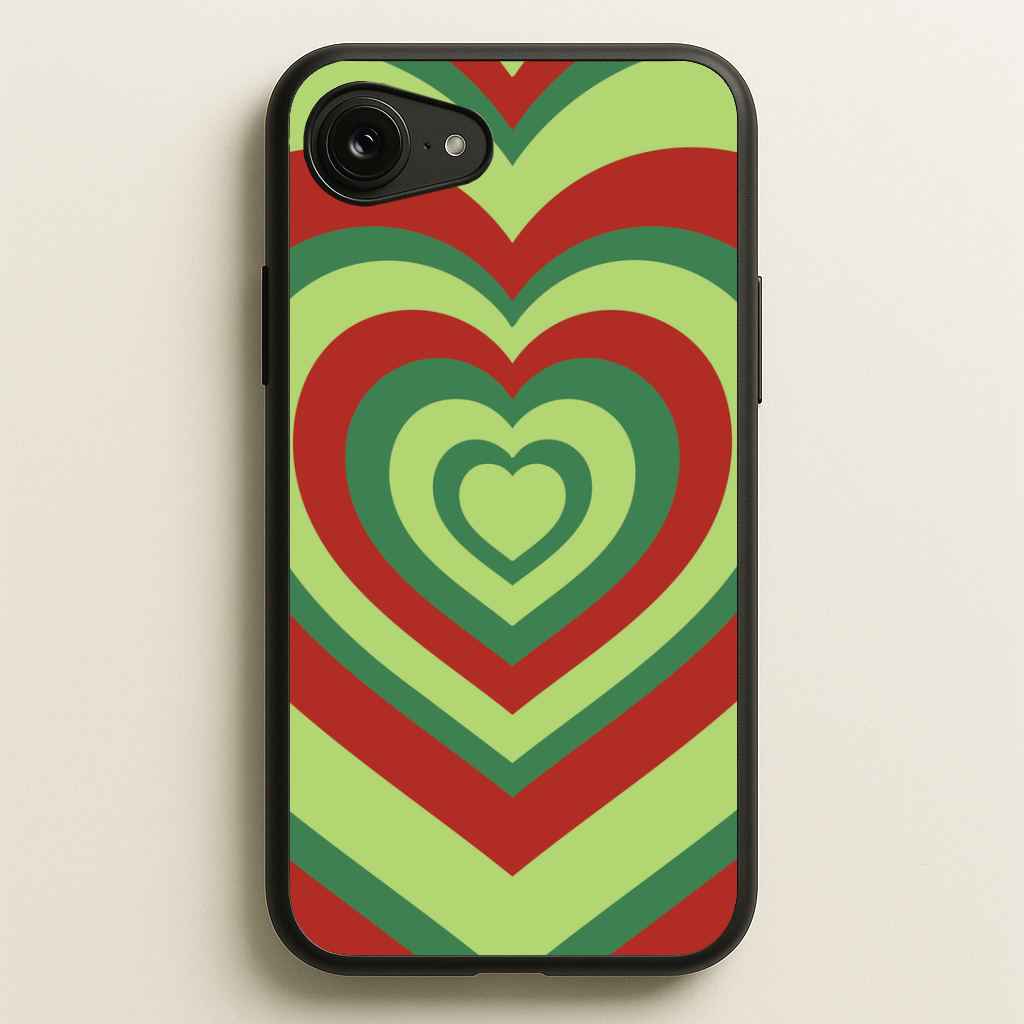 Red And Green Trippy Heart Christmas Pattern iPhone 16e Case