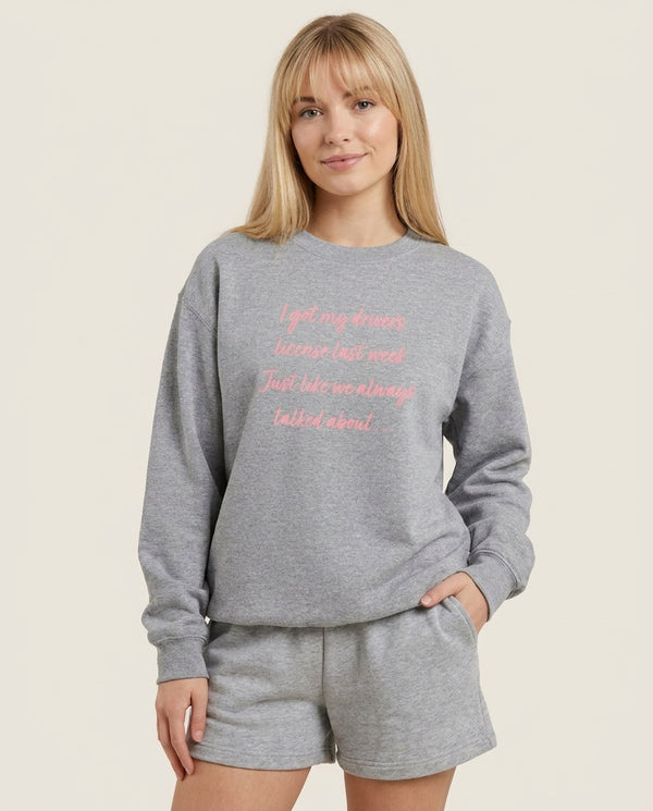 Drivers License Lyrics - Olivia Rodrigo TikTok Sweatshirt — Grey Front, worn