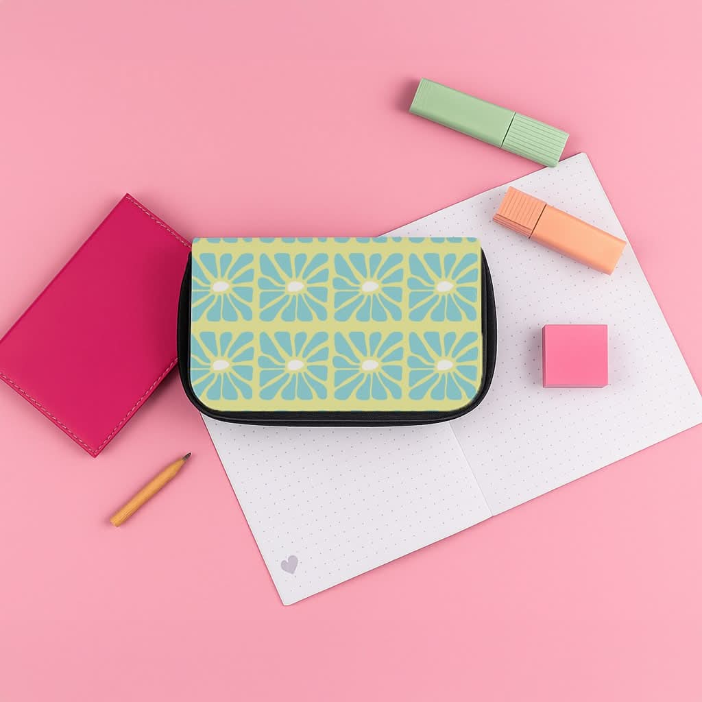 Square Abstract Flowers Blue Pencil Case