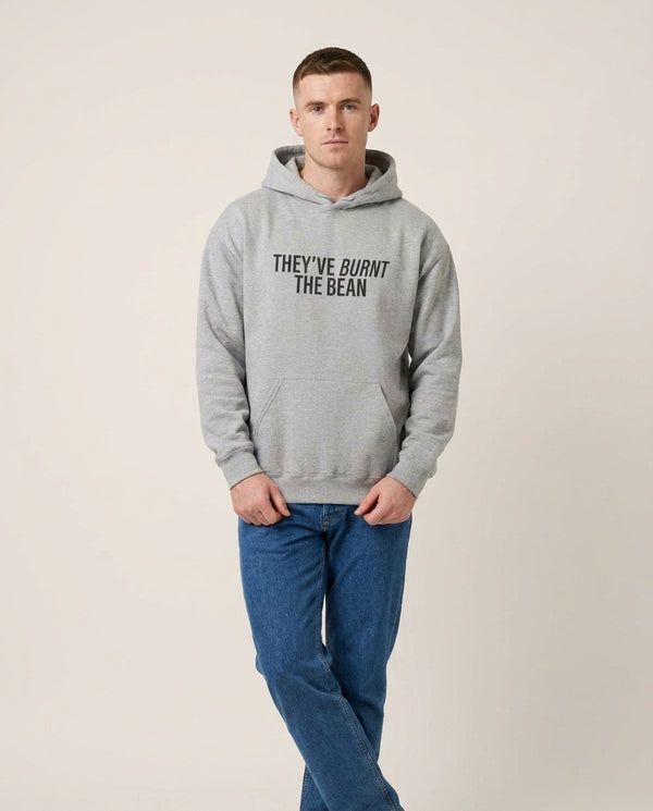 They've Burnt The Bean Hoodie — Grey Front, worn
