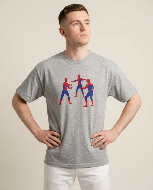Spider Hero Pointing Meme T-Shirt — Grey Front, worn