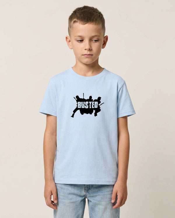 Splatter Text - Bust Band Kids T-Shirt — Blue Front, worn