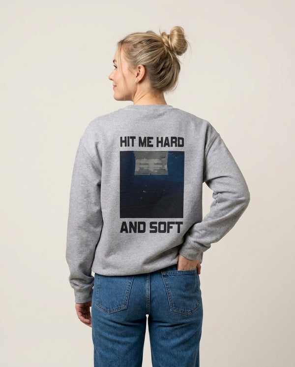 Billie Blue Sweatshirt — Grey Back, worn