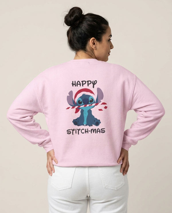 Happy Blue Alienmas - Christmas Sweatshirt — Pink Back, worn