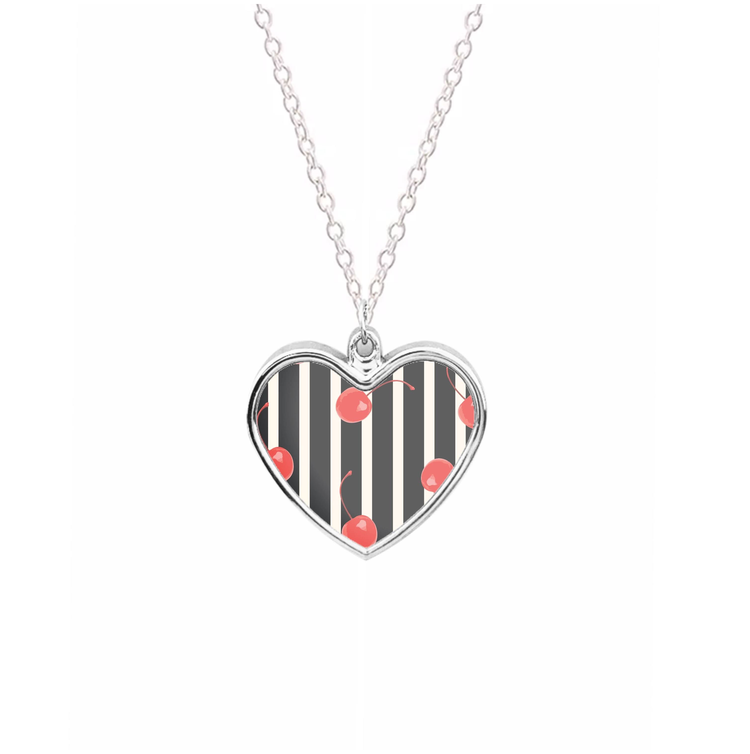Black And White Stripes With Cherries Necklace