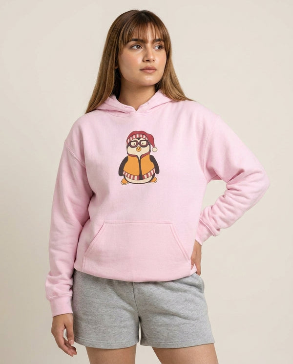 Hugsy Hoodie — Pink Front, worn