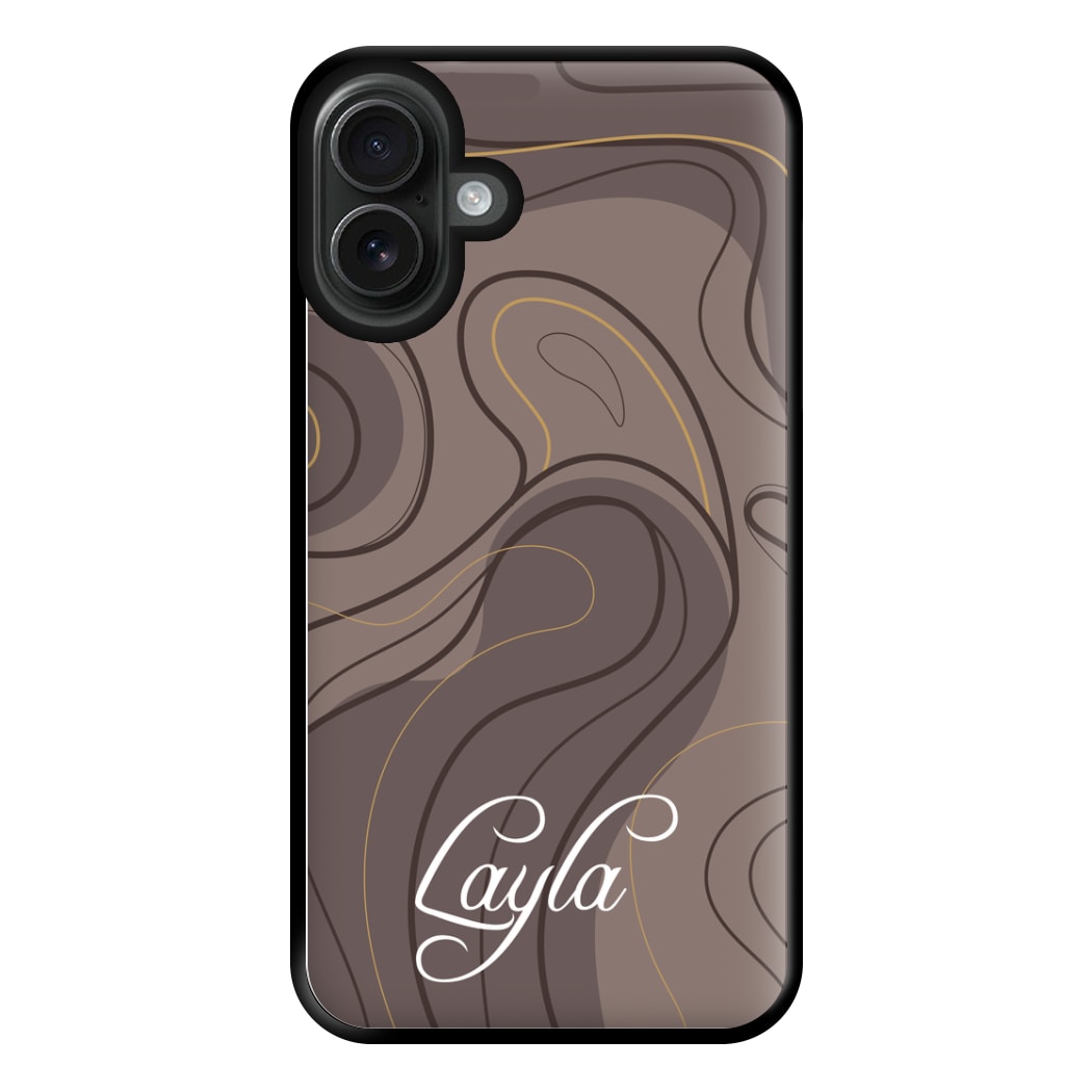 Brown Marble Waves Personalised Name iPhone 16 Plus Case