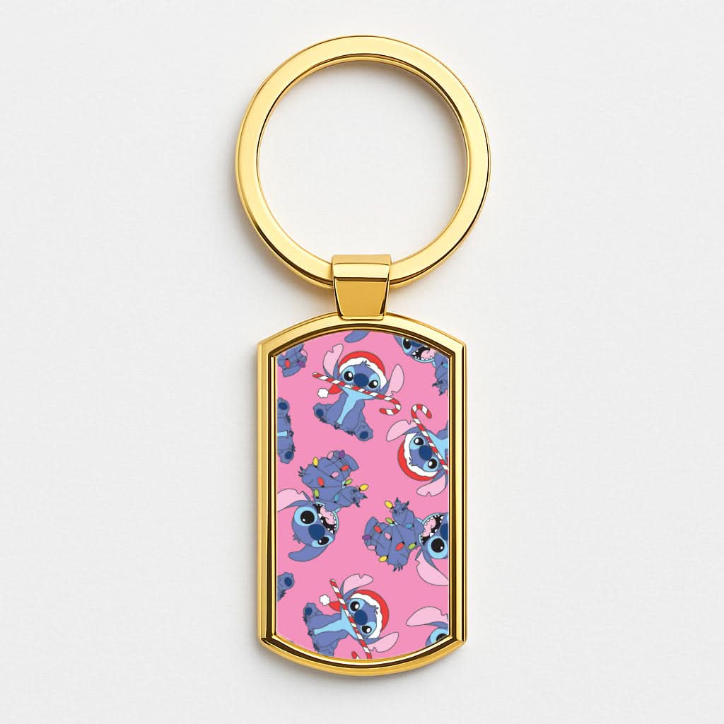 Christmas Cute Blue Alien Pattern Gold Keyring
