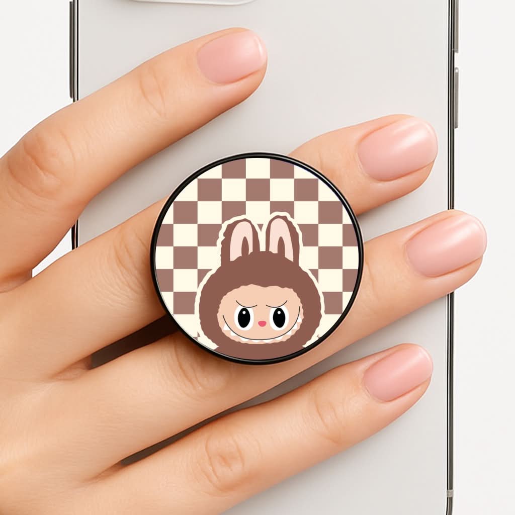 Checkered Cute Brown Monster Phone Grip