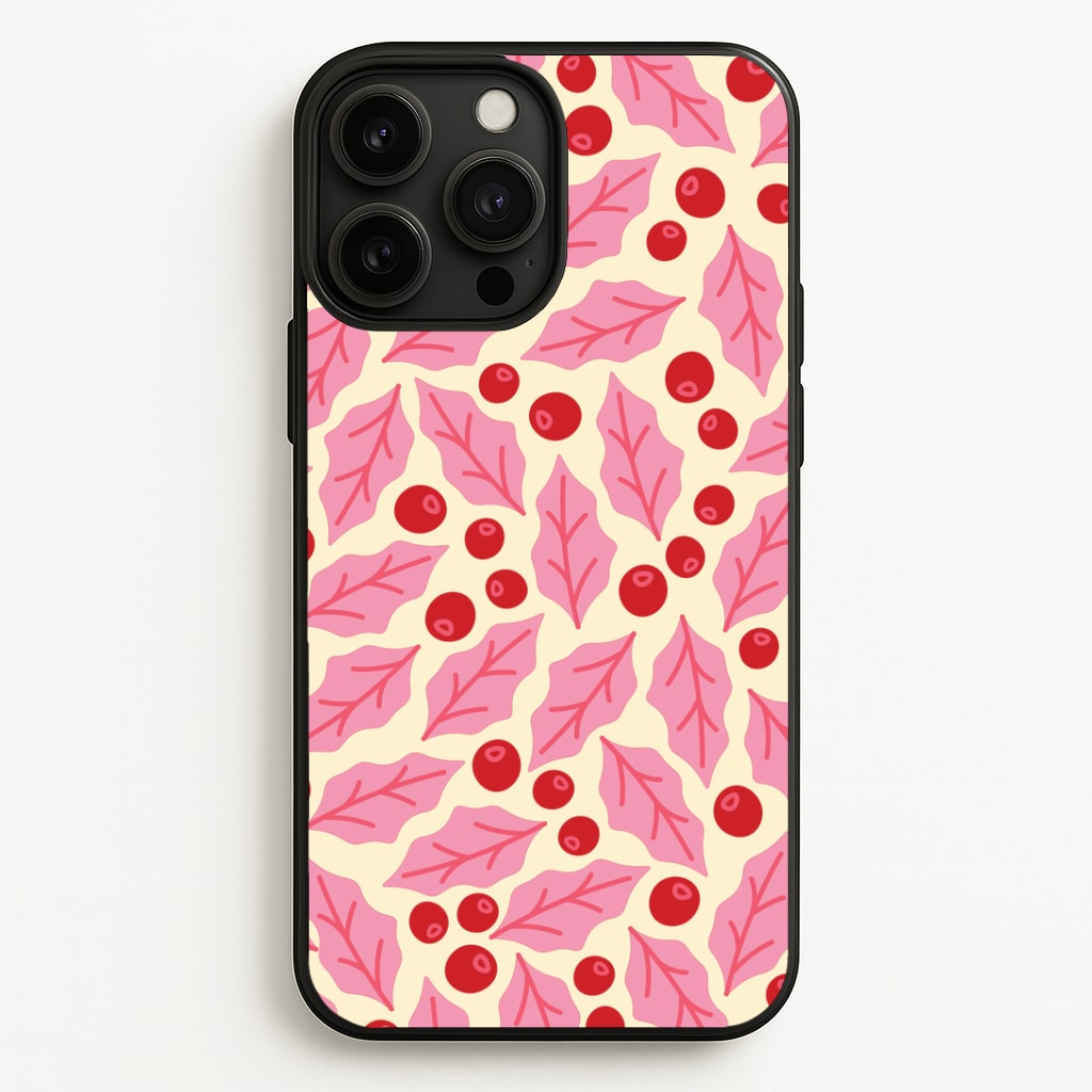 Pink Holly And Berries Pattern iPhone 13 Pro Max Case