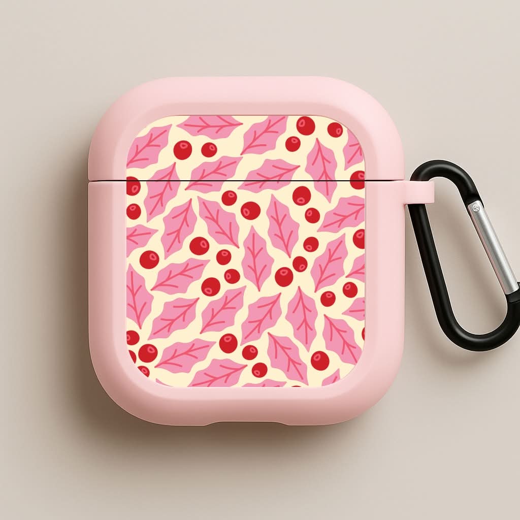 Pink Holly And Berries Pattern Pink AirPods Case