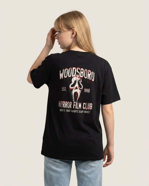 Woodsboro Horror Film Club T-Shirt — Black Back, worn