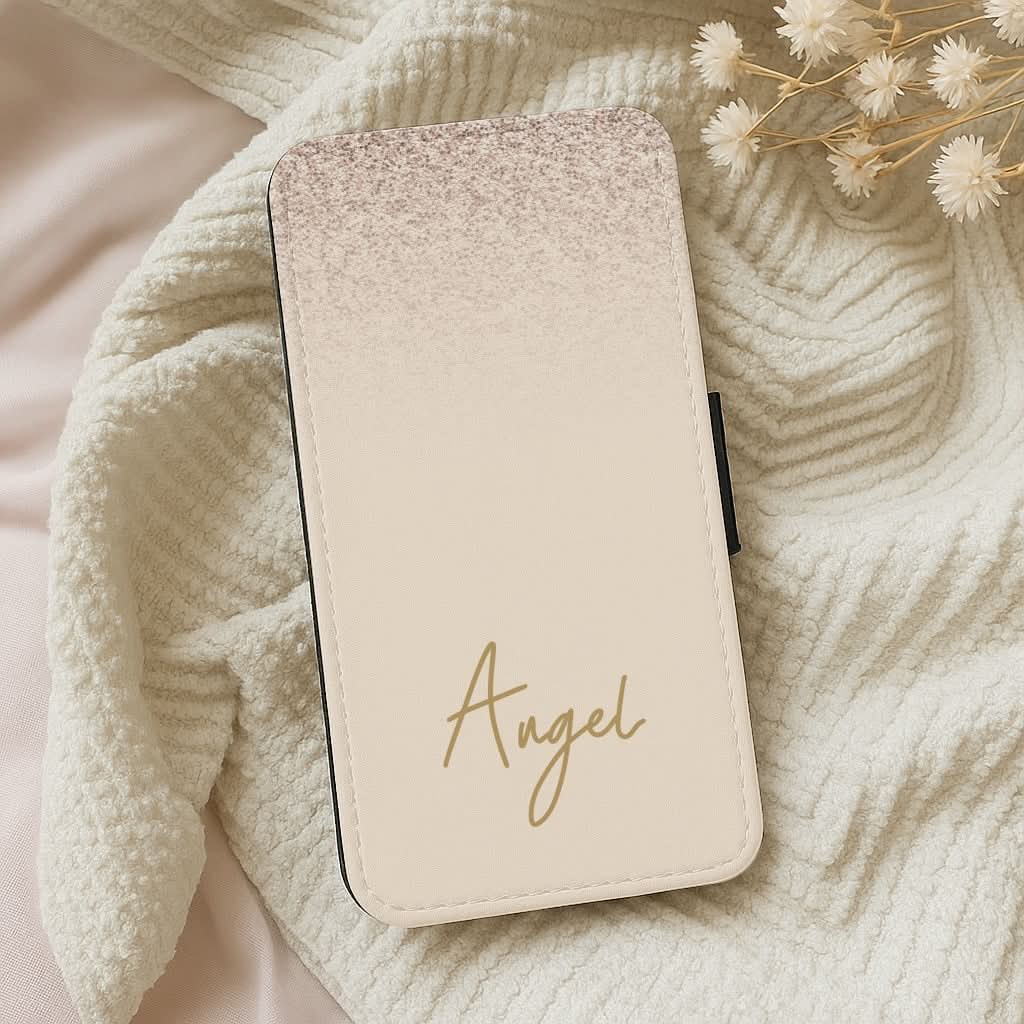 Peach Glitter Personalised Name Leather Phone Case