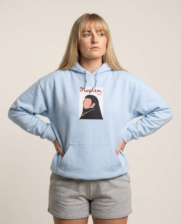 Mayhem 2025 Gaga Hoodie — Blue Front, worn