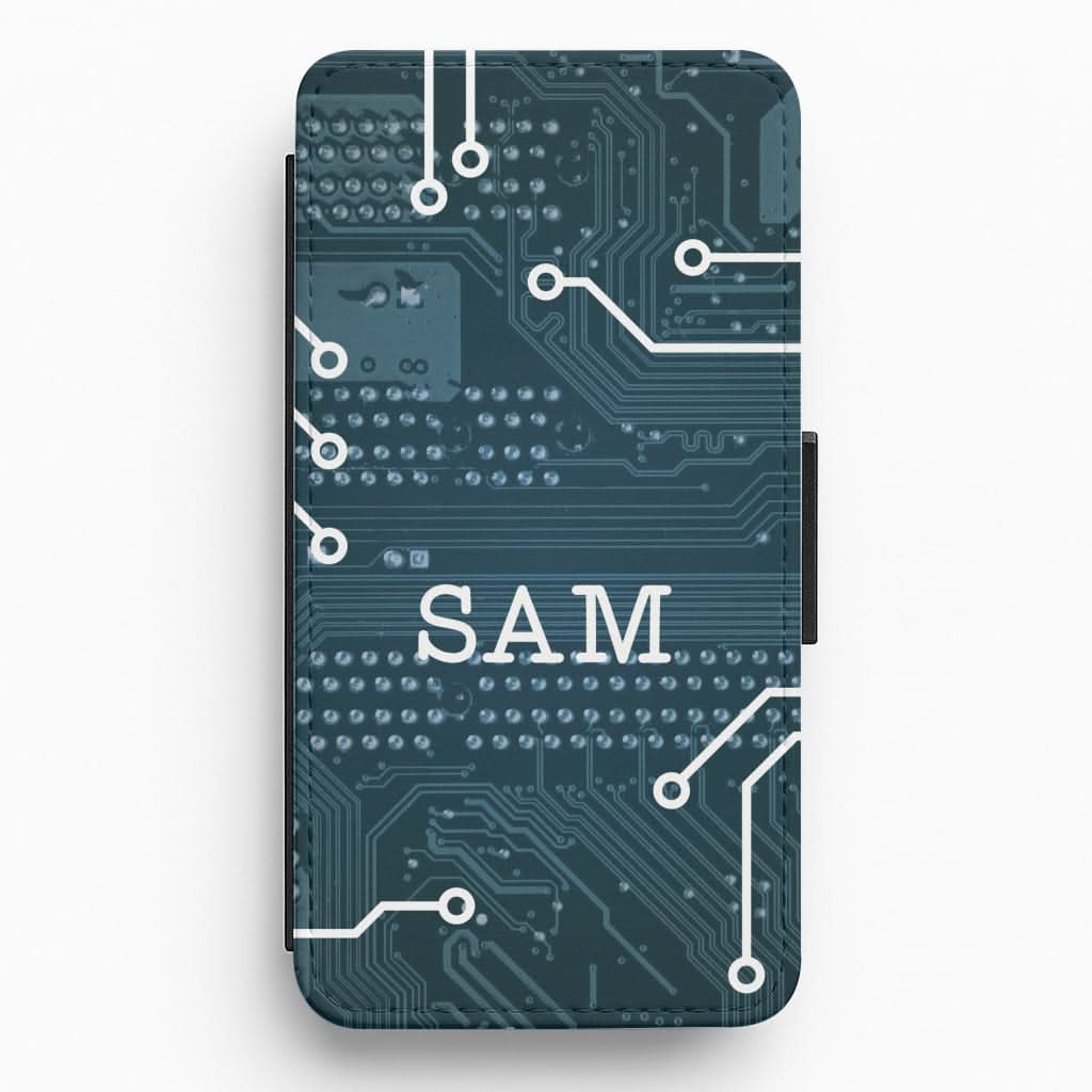 Blue Circuit Board Personalised Name Flip / Wallet Phone Case