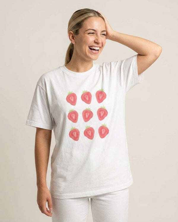 Market Berries T-Shirt — White Front, worn