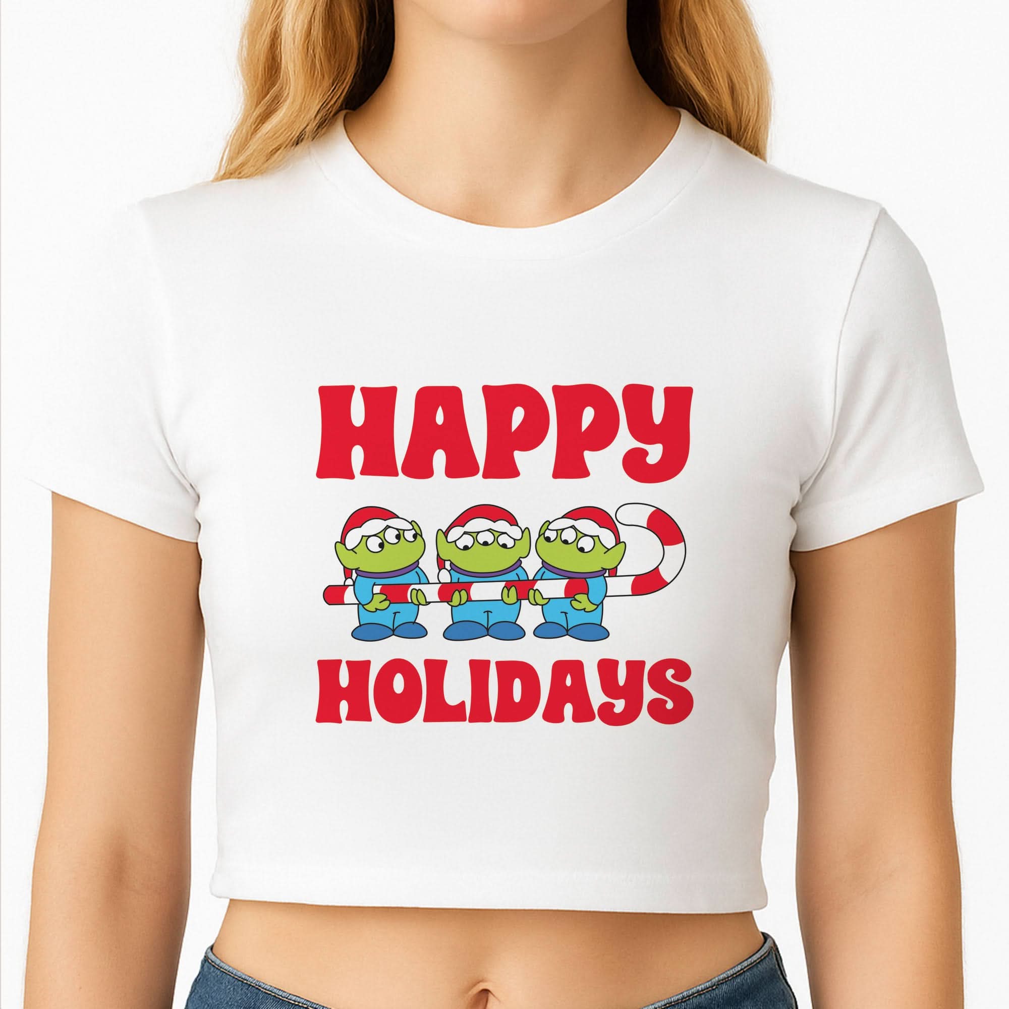 Happy Holidays Cute Green Aliens Crop Top