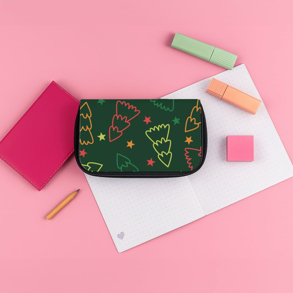 Colourful Christmas Tree Outlines Pattern Pencil Case