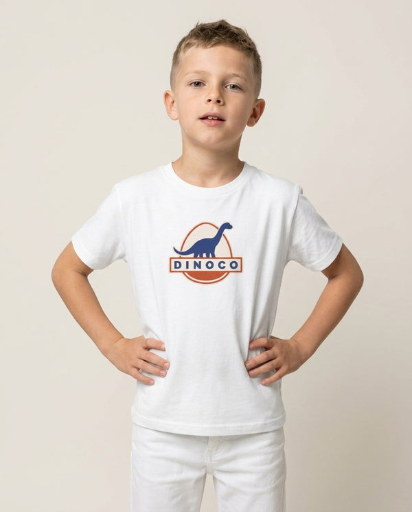 Dinoco Kids T-Shirt White Front, worn
