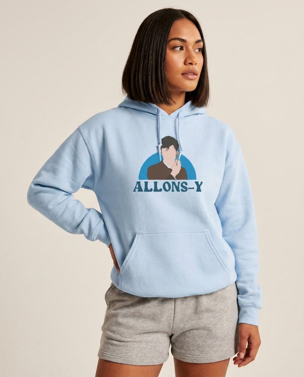 Allons-y Hoodie — Blue Front, worn