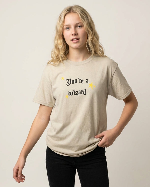You're A Wizard T-Shirt — Sand Front, worn