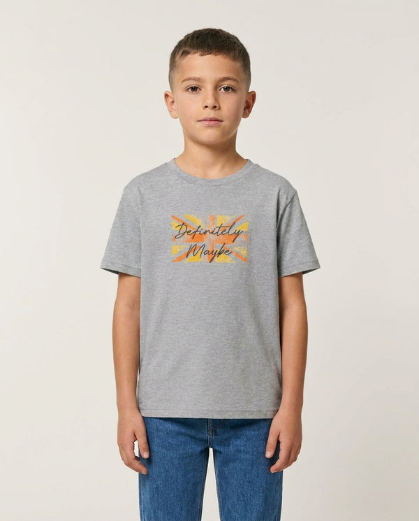Definitely Maybe Kids T-Shirt — Grey Front, worn