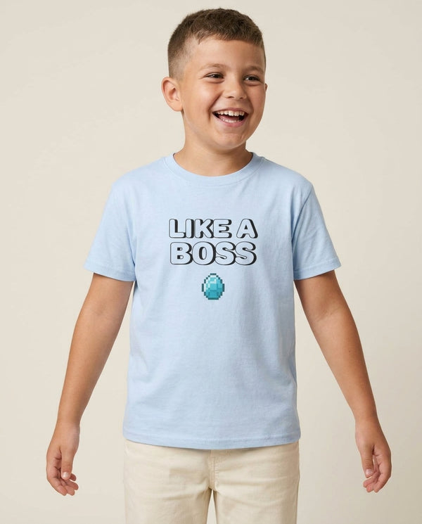Like A Boss Kids T-Shirt — Blue Front, worn