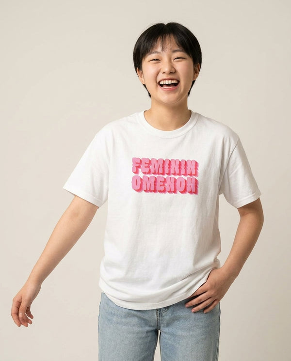 Femininomenon T-Shirt — White Front, worn