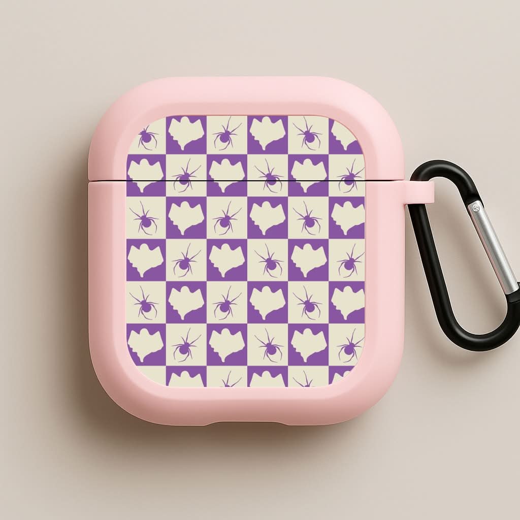 Spiders And Ghosts Checkered Pattern I Pink AirPods Case