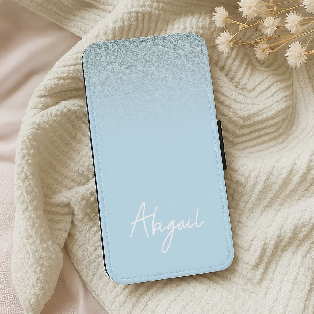 Blue Glitter Personalised Name Leather Phone Case