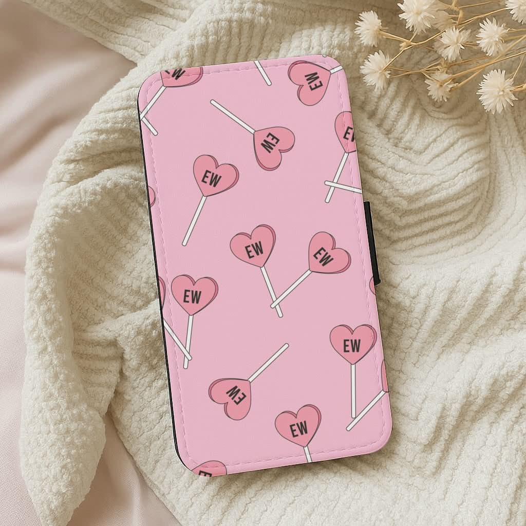 Ew Love Heart Lolipops Pattern Leather Phone Case