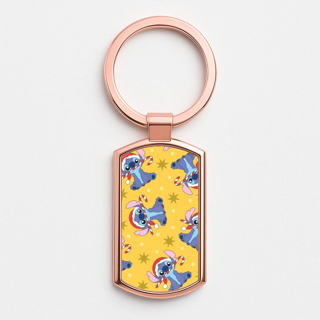 Cute Blue Alien Candycane Christmas Pattern Rose Gold Keyring