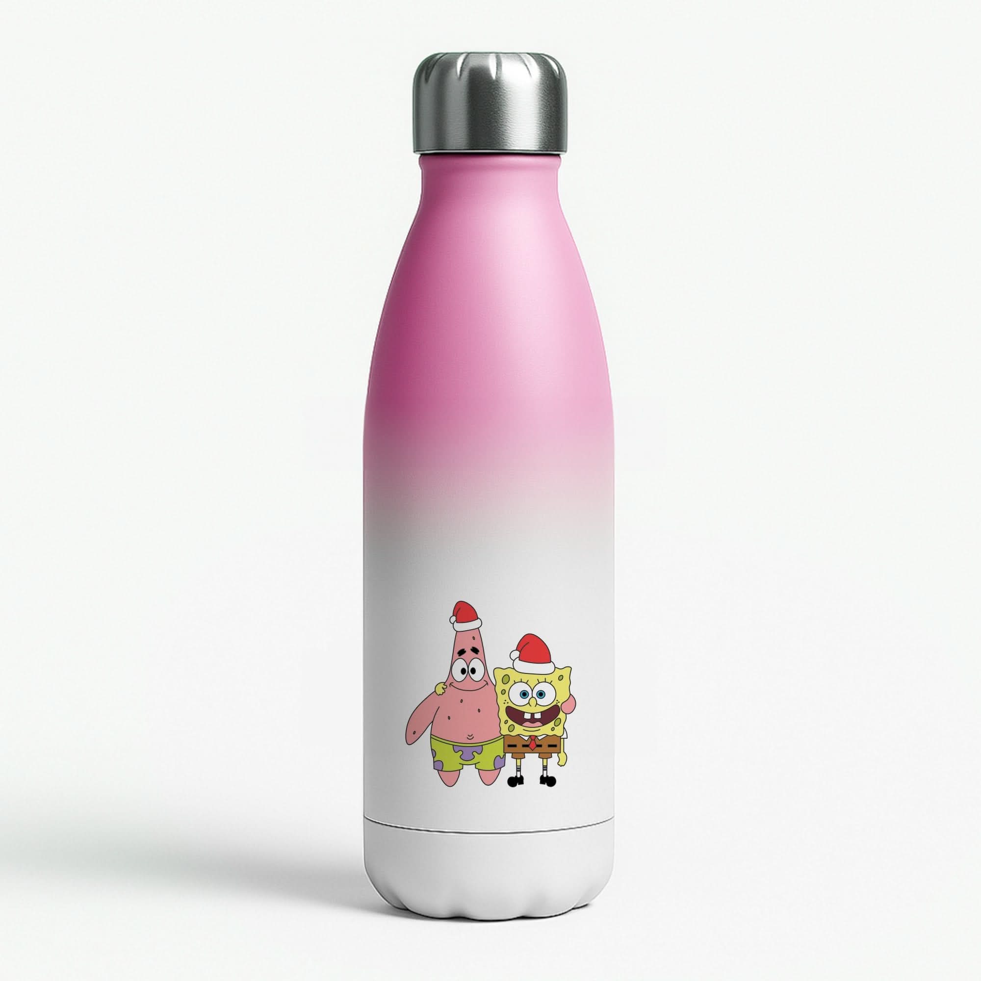 Cartoon Sponge And Starfish Christmas Hats Pink Water Bottle