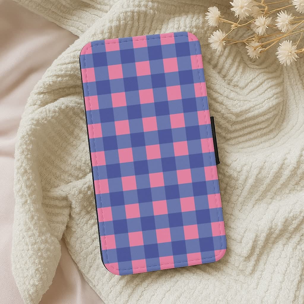 Pink And Blue Checkered Pattern Leather Phone Case